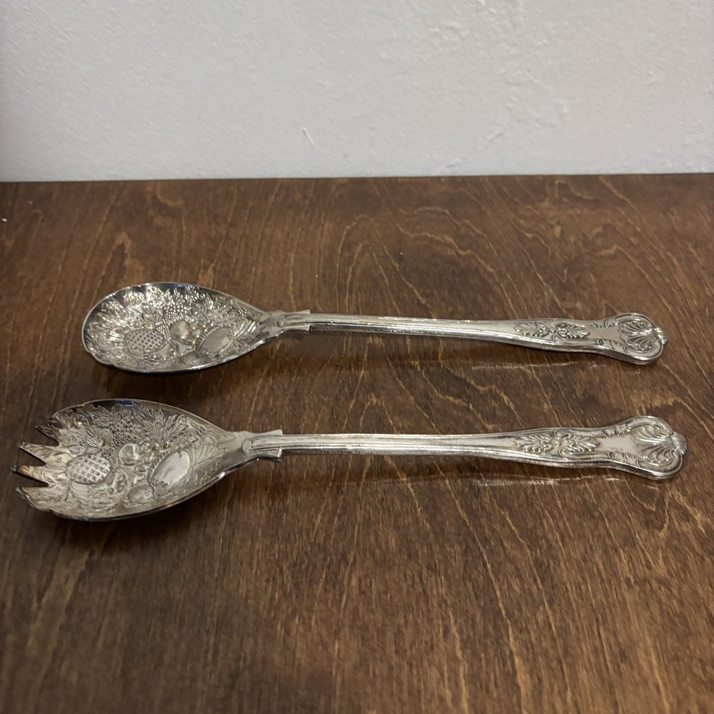 Vintage England Silver Plated Salad Servers Berry Spoon Fork 9.75"